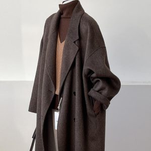 Reversible Coffee-Colored Cashmere Coat for Women - Mid-Length Korean Style Woolen Coat for Autumn/Winter 2024
