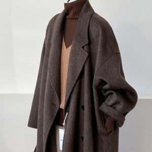 Reversible Coffee-Colored Cashmere Coat for Women - Mid-Length Korean Style Woolen Coat for Autumn/Winter 2024