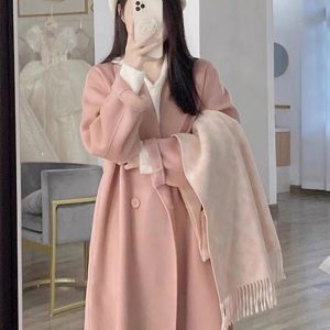 Reversible Coffee-Colored Cashmere Coat for Women - Mid-Length Korean Style Woolen Coat for Autumn/Winter 2024