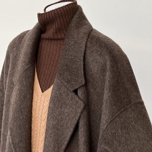 Reversible Coffee-Colored Cashmere Coat for Women - Mid-Length Korean Style Woolen Coat for Autumn/Winter 2024