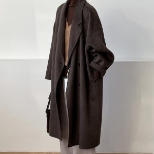 Reversible Coffee-Colored Cashmere Coat for Women - Mid-Length Korean Style Woolen Coat for Autumn/Winter 2024