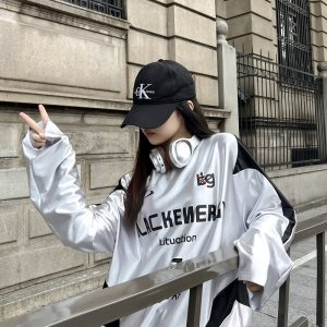 Reversible Vintage Satin Silver Sports Jersey Long Sleeve T-Shirt for Couples - Unisex Trendy 90s Style