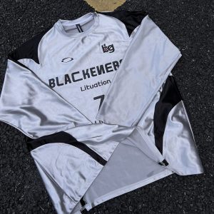 Reversible Vintage Satin Silver Sports Jersey Long Sleeve T-Shirt for Couples - Unisex Trendy 90s Style