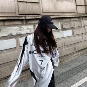 Reversible Vintage Satin Silver Sports Jersey Long Sleeve T-Shirt for Couples - Unisex Trendy 90s Style