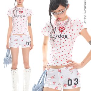 Rhinestone Printed Short-Sleeve Fitted Crop Top for Women - Summer Trendy T-Shirt in High-End Style