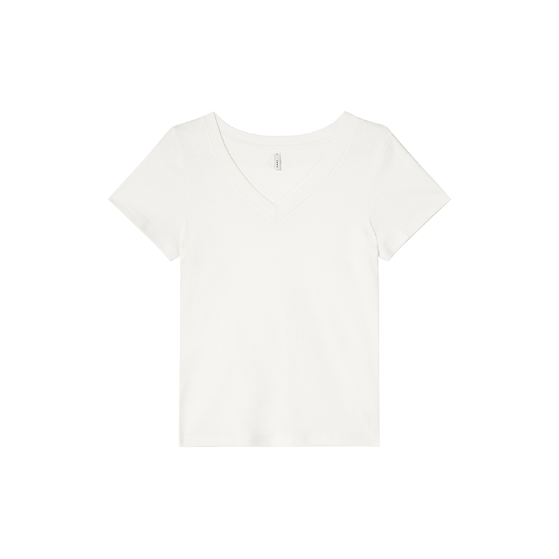 Ribbed V-Neck Fitted Short Sleeve Women's T-Shirt - Slim Solid Color Top for Summer 2025, Casual Chic Style