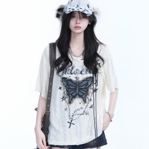 Ripped Butterfly Short Sleeve T-Shirt for Women - Off-Shoulder Spicy Girl Trendy Y2K American High Street Style