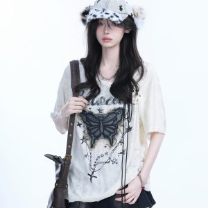 Ripped Butterfly Short Sleeve T-Shirt for Women - Off-Shoulder Spicy Girl Trendy Y2K American High Street Style