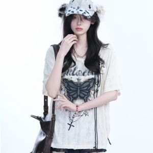 Ripped Butterfly Short Sleeve T-Shirt for Women - Off-Shoulder Spicy Girl Trendy Y2K American High Street Style