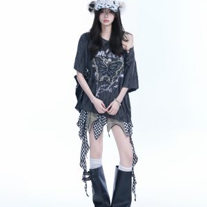 Ripped Butterfly Short Sleeve T-Shirt for Women - Off-Shoulder Spicy Girl Trendy Y2K American High Street Style