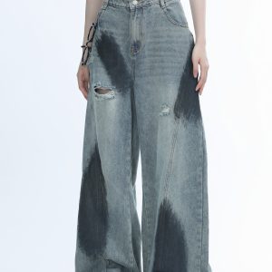Ripped Graffiti Wide-Leg Jeans for Women - American High Street Straight Loose Floor-Length Pants