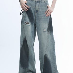 Ripped Graffiti Wide-Leg Jeans for Women - American High Street Straight Loose Floor-Length Pants