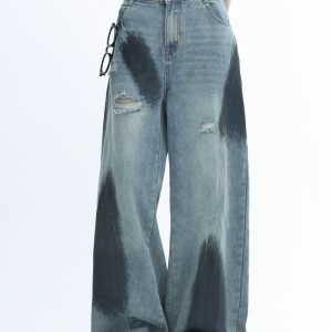 Ripped Graffiti Wide-Leg Jeans for Women - American High Street Straight Loose Floor-Length Pants