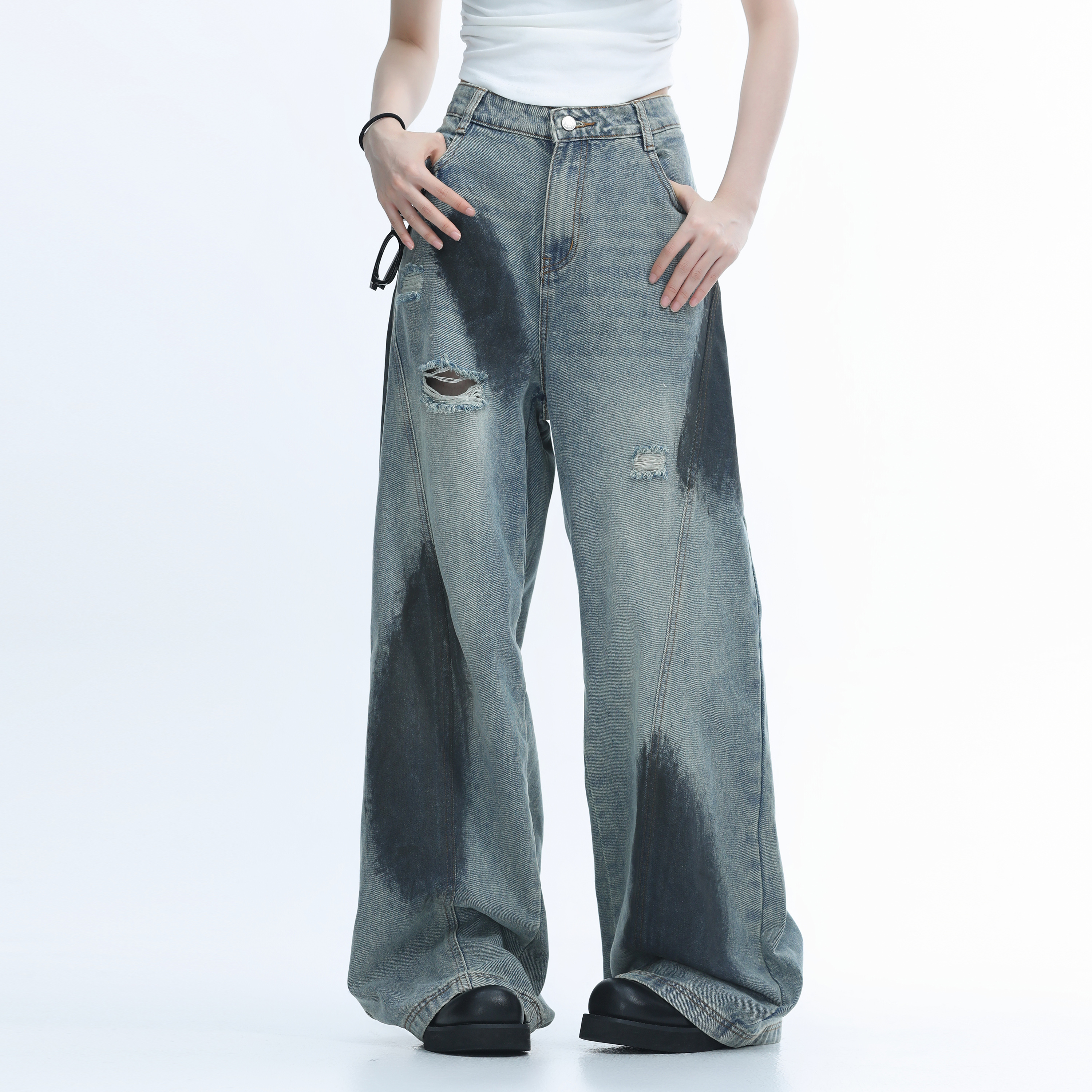 Ripped Graffiti Wide-Leg Jeans for Women - American High Street Straight Loose Floor-Length Pants