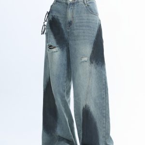 Ripped Graffiti Wide-Leg Jeans for Women - American High Street Straight Loose Floor-Length Pants