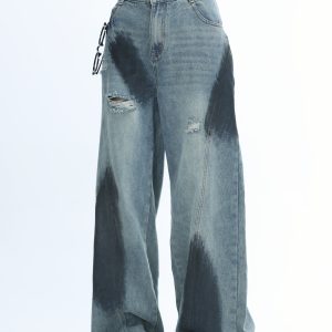 Ripped Graffiti Wide-Leg Jeans for Women - American High Street Straight Loose Floor-Length Pants