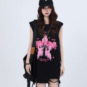 Ripped Star Necklace Sleeveless T-Shirt for Women - American High Street Hip-Hop Style, Loose Fit, Trendy Casual Top