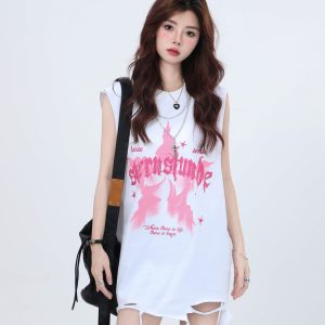 Ripped Star Necklace Sleeveless T-Shirt for Women - American High Street Hip-Hop Style, Loose Fit, Trendy Casual Top