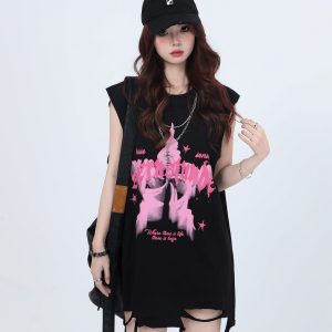 Ripped Star Necklace Sleeveless T-Shirt for Women - American High Street Hip-Hop Style, Loose Fit, Trendy Casual Top