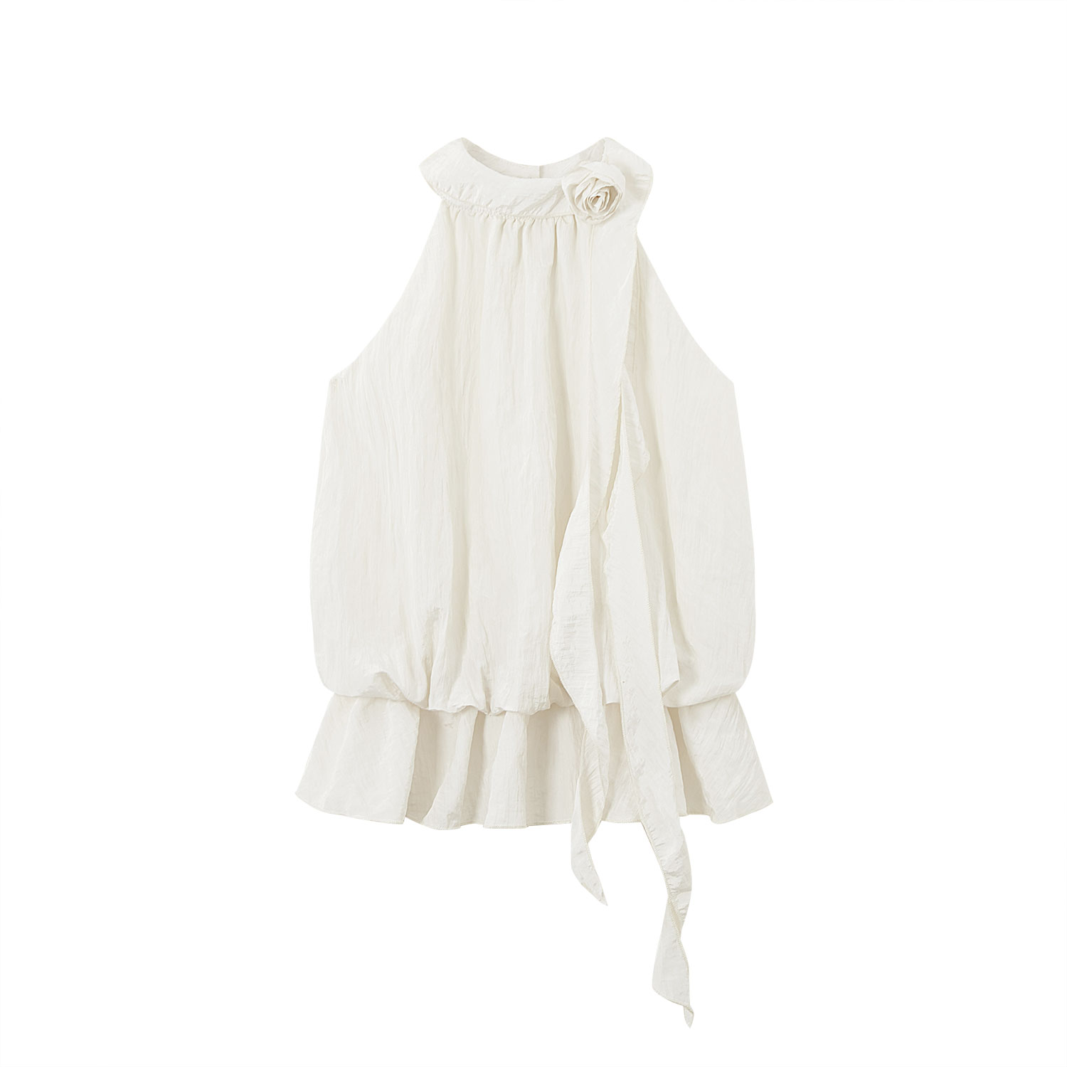 Romantic Floral Layered Halter Top with Ribbon Waist-Cinching - Sweet 3D Design Summer Blouse for Women