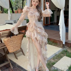 Romantic Gradient Ruffled Hem Dress with Three-Dimensional Texture - Short Front Long Back Flowing Style for Elegant Occasions