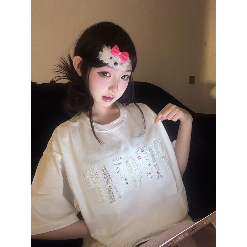 Round Neck Short Sleeve T-Shirt for Women - Heavyweight Casual Top with Letter Embroidery - Summer Loose Fit American Style