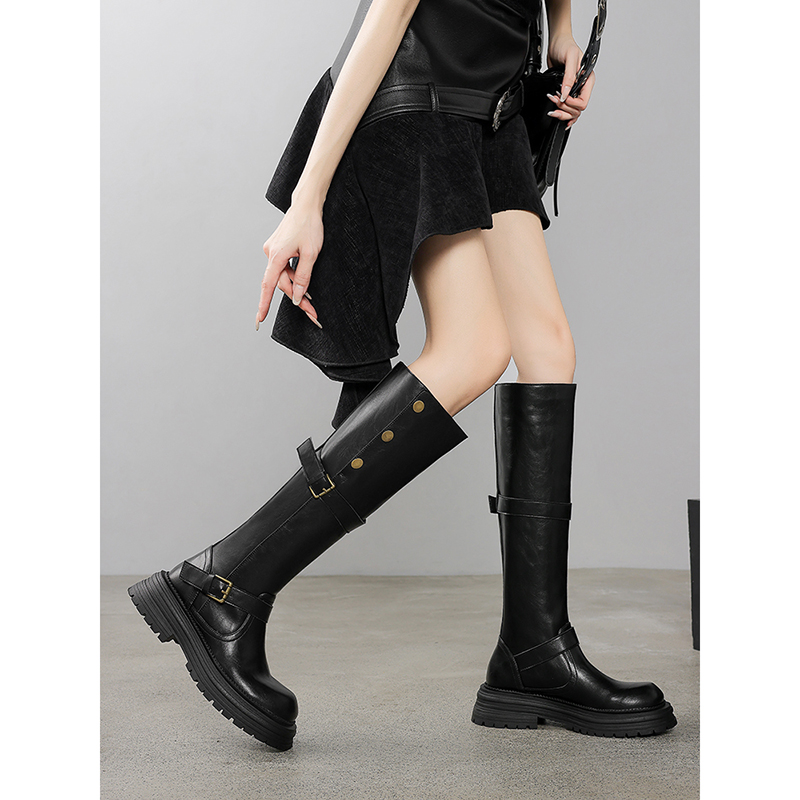 Round Toe Buckle Knee-High Boots for Women - Floral Design, Thick Sole, Autumn Winter Commuting Style 2025 Round Toe Buckle Knee-High Boots for Women - Floral Design, Thick Sole, Autumn Winter Commuting Style 2025