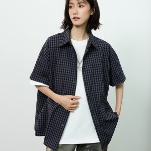 Royal Blue Check Short-Sleeve Shirt for Summer - Unisex Loose Casual Jacket in Lazy Style, Perfect for 90s and Y2K Inspired Outfits