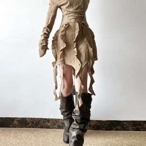 Ruffled Tassel Distressed Light Denim Off-Shoulder Mini Skirt for Women - Boho Chic Wasteland Wanderer Style