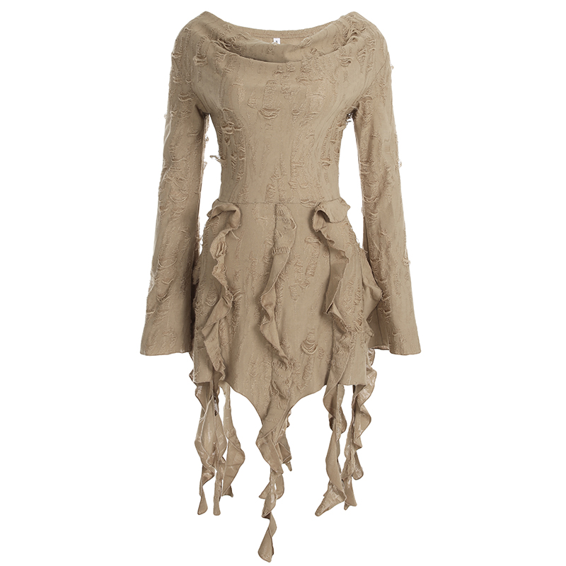 Ruffled Tassel Distressed Light Denim Off-Shoulder Mini Skirt for Women - Boho Chic Wasteland Wanderer Style