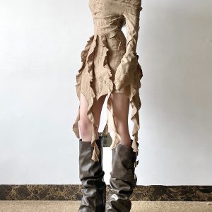 Ruffled Tassel Distressed Light Denim Off-Shoulder Mini Skirt for Women - Boho Chic Wasteland Wanderer Style