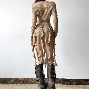 Ruffled Tassel Distressed Light Denim Off-Shoulder Mini Skirt for Women - Boho Chic Wasteland Wanderer Style