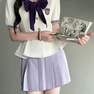 Ruffled Women's Summer JK Uniform Sailor Suit in Purple - College Style Waist-Defined Short Sleeve Set