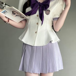 Ruffled Women's Summer JK Uniform Sailor Suit in Purple - College Style Waist-Defined Short Sleeve Set
