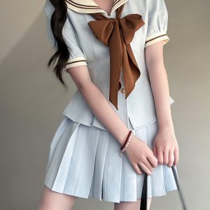 Ruffled Women's Summer JK Uniform Sailor Suit in Purple - College Style Waist-Defined Short Sleeve Set