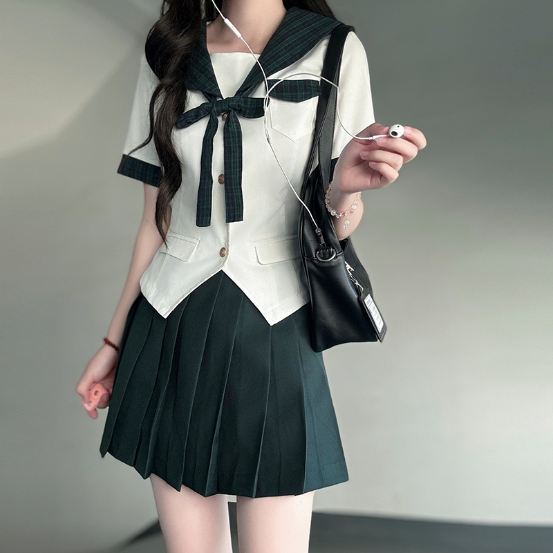 Sailor Suit JK Uniform Academy Style Pudding Bear Summer Set with Spliced Checkered Design and Waist-Defined Fit
