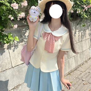 Sailor Suit Set for Women - Pudding Bear Original JK Uniform, Waist-Adjusting Shirt, Summer Short Sleeve, College Style, Cute Aesthetic