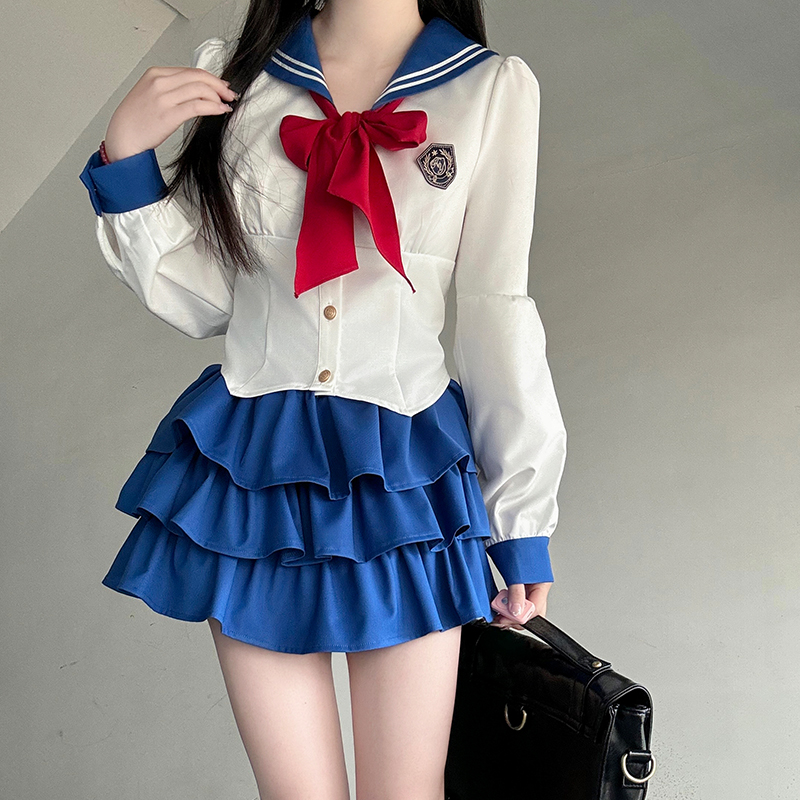 Sailor Suit Set with Pudding Bear Design, Summer JK Uniform Cake Skirt, Short Sleeve, College Style, Waist-Defining Slim Fit Sailor Suit Set with Pudding Bear Design, Summer JK Uniform Cake Skirt, Short Sleeve, College Style, Waist-Defining Slim Fit
