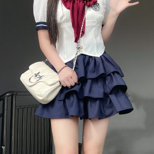 Sailor Suit Set with Pudding Bear Design, Summer JK Uniform Cake Skirt, Short Sleeve, College Style, Waist-Defining Slim Fit