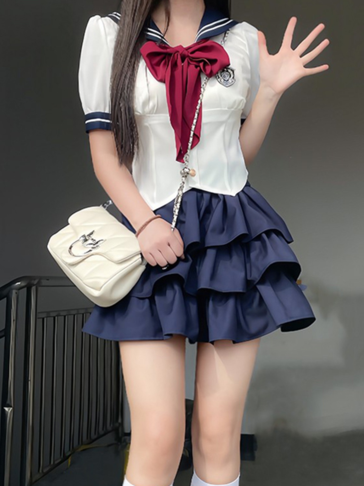 Sailor Suit Set with Pudding Bear Design, Summer JK Uniform Cake Skirt, Short Sleeve, College Style, Waist-Defining Slim Fit Sailor Suit Set with Pudding Bear Design, Summer JK Uniform Cake Skirt, Short Sleeve, College Style, Waist-Defining Slim Fit