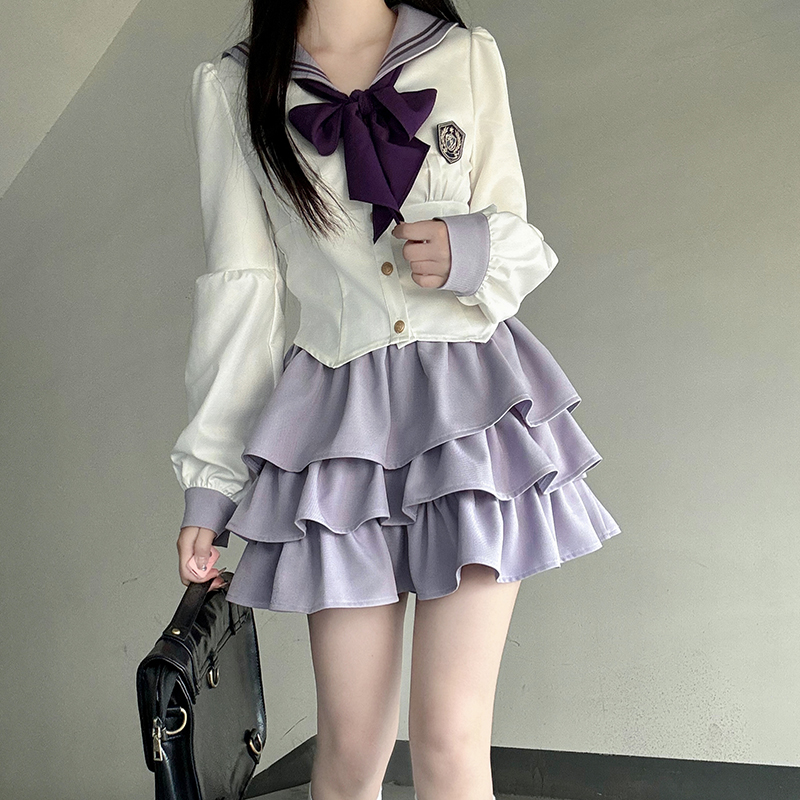 Sailor Suit Set with Pudding Bear Design, Summer JK Uniform Cake Skirt, Short Sleeve, College Style, Waist-Defining Slim Fit Sailor Suit Set with Pudding Bear Design, Summer JK Uniform Cake Skirt, Short Sleeve, College Style, Waist-Defining Slim Fit