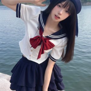 Sailor Suit Set with Pudding Bear Design, Summer JK Uniform Cake Skirt, Short Sleeve, College Style, Waist-Defining Slim Fit