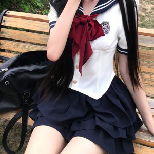 Sailor Suit Set with Pudding Bear Design, Summer JK Uniform Cake Skirt, Short Sleeve, College Style, Waist-Defining Slim Fit