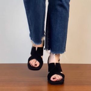 Sanded Sheepskin Cross-Strap Chunky Heel Open-Toe Sandals for Women - Summer 2025 Black Roman High Heels Fashion Footwear