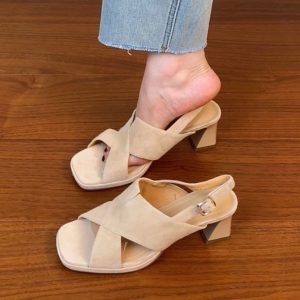 Sanded Sheepskin Cross-Strap Chunky Heel Open-Toe Sandals for Women - Summer 2025 Black Roman High Heels Fashion Footwear