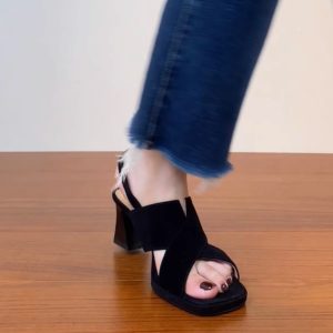 Sanded Sheepskin Cross-Strap Chunky Heel Open-Toe Sandals for Women - Summer 2025 Black Roman High Heels Fashion Footwear