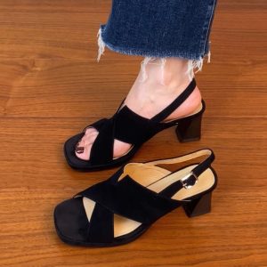 Sanded Sheepskin Cross-Strap Chunky Heel Open-Toe Sandals for Women - Summer 2025 Black Roman High Heels Fashion Footwear