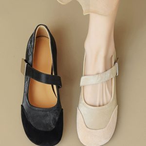 Sanded Sheepskin Spliced Mary Jane Flats for Women - Soft Bottom Round Toe Shoes for Spring/Summer 2025 Fashion