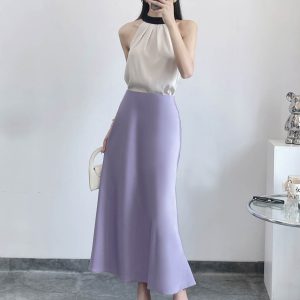 Satin Half Skirt with Diagonal Cut, Flared Design, High Waist, Silky Elastic Waist, Versatile Glossy Mid-Length Acetate Skirt