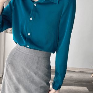 Satin Long Sleeve Shirt with Slimming Lapel, Solid Color, Glossy Finish for Commuting - Spring Fashion Top